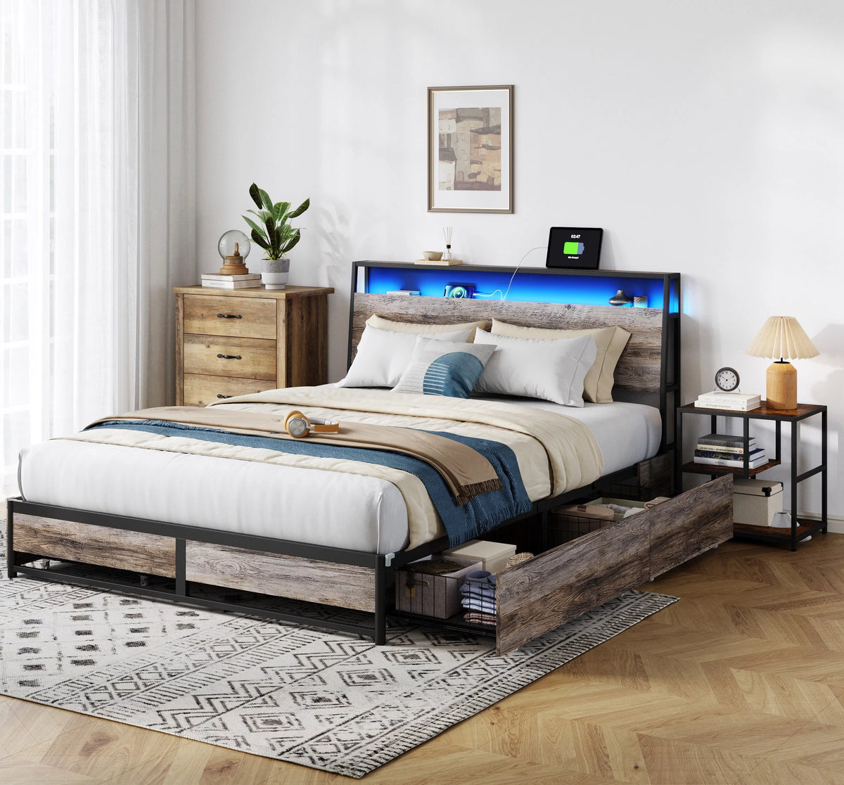 Full Size Platform Bed Frame with Storage Headboard and 4 Storage Drawers K391101