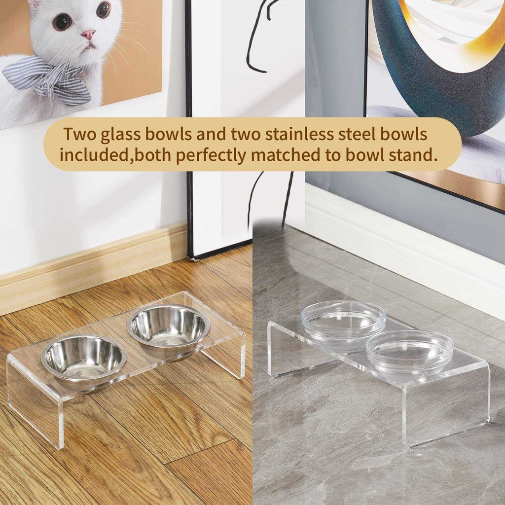 Acrylic Elevated Dog Cat Bowls with Removable Glass and Stainless Steel Bowls T347463