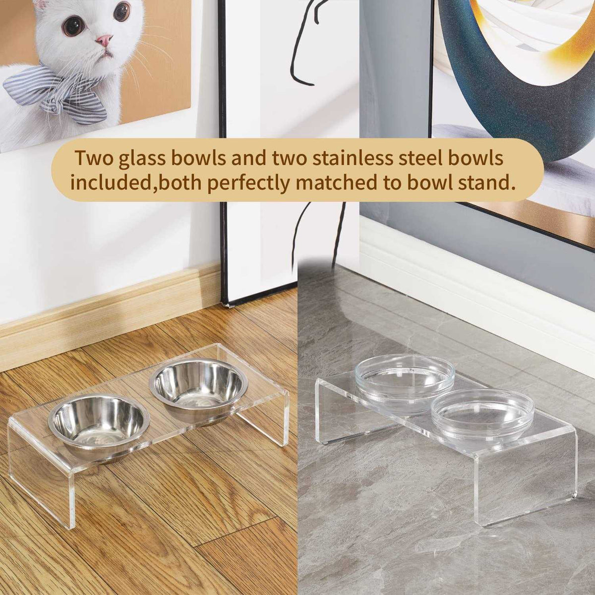 Acrylic Elevated Dog Cat Bowls with Removable Glass and Stainless Steel Bowls T347463