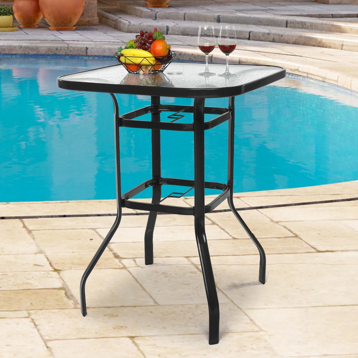 31 Inch Square Outdoor Bar Height Bistro Table with Tempered Glass Tabletop A96883