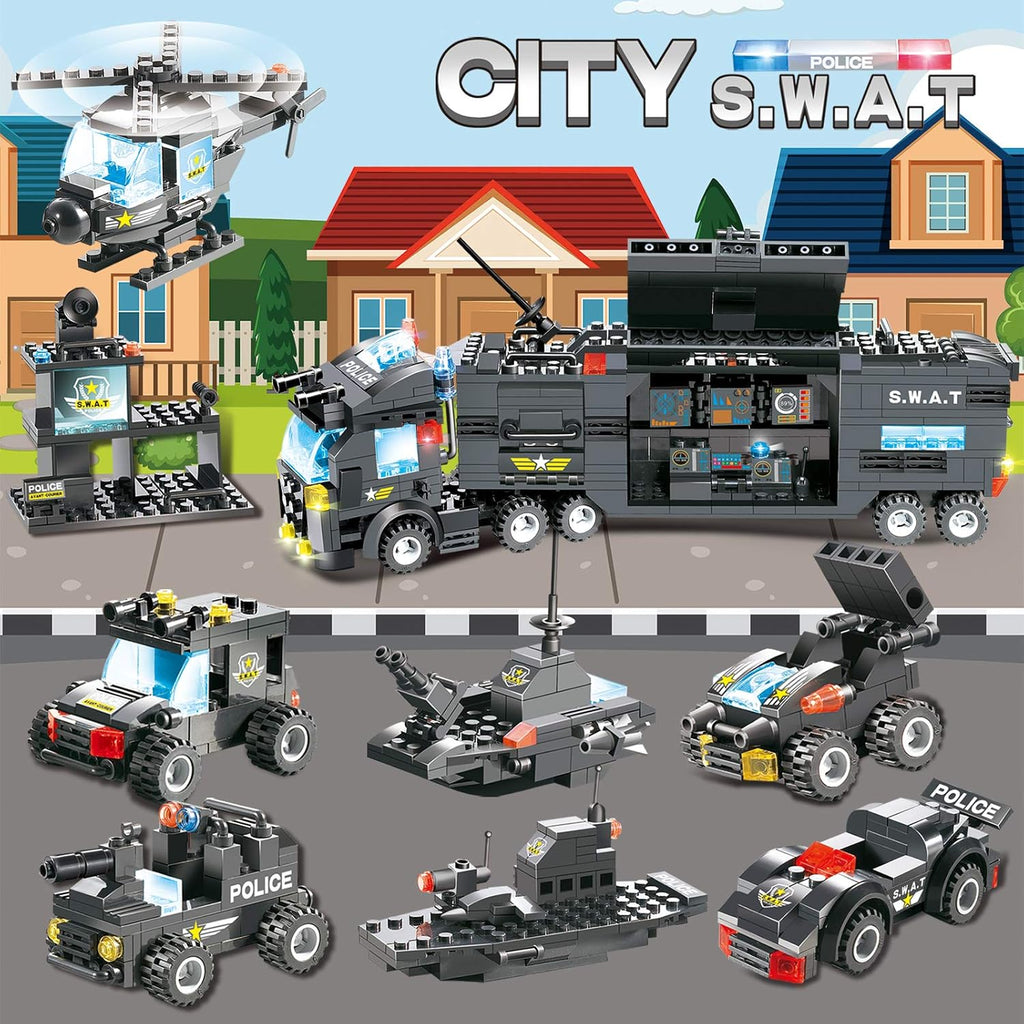 1110 PCS SWAT City Police Station Mobile Command Center Truck Car Building Blocks Set with Storage Box H769516