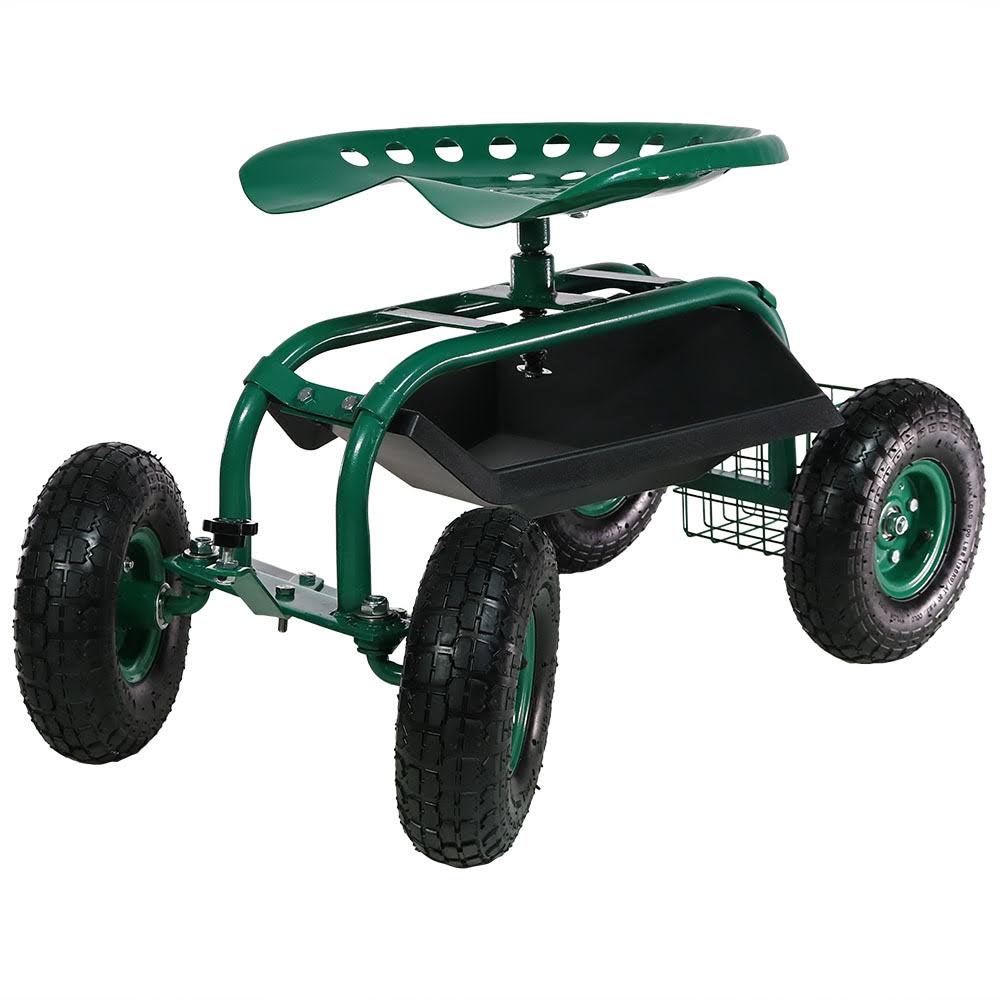Green Rolling Garden Cart with Steering Handle, Swivel Seat & Basket O4260