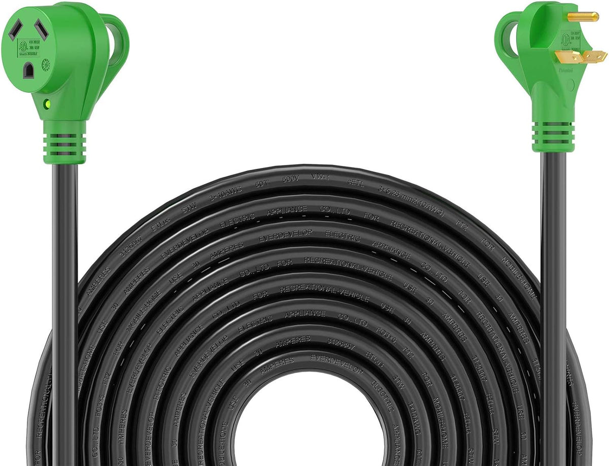 30 Amp 25 Feet RV Power Extension Cord, 10/3 Gauge STW, LED Power Indicator, Cord Organizer, Green, Pack of 2 M5507