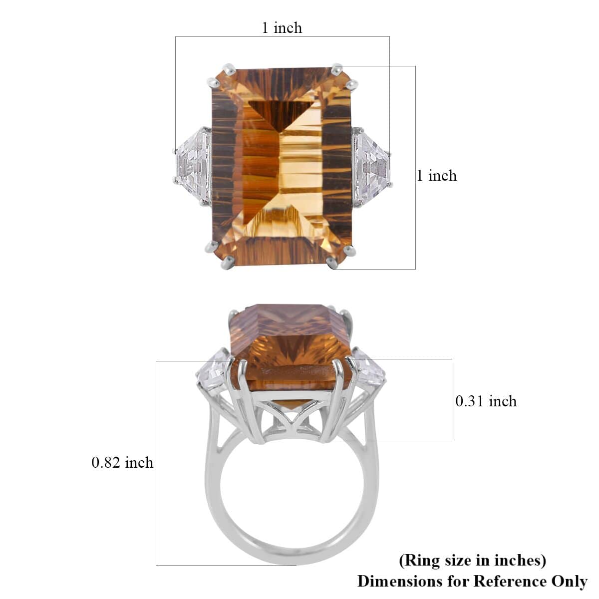 Citrine White Topaz Octagon 925 Sterling Silver Platinum Plated Ring Size 9 Ct 17.3 W91329