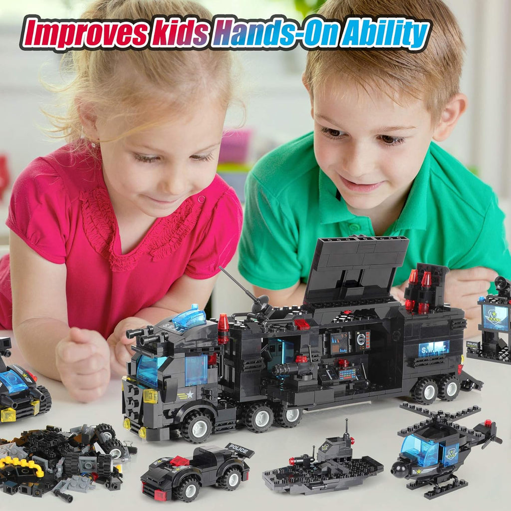 1110 PCS SWAT City Police Station Mobile Command Center Truck Car Building Blocks Set with Storage Box H769516
