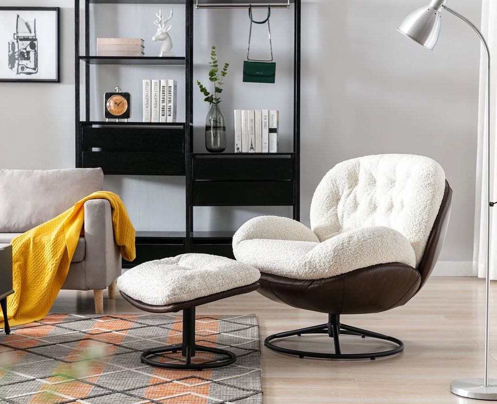 White Faux Fur Swivel Accent Chair with Ottoman P577157