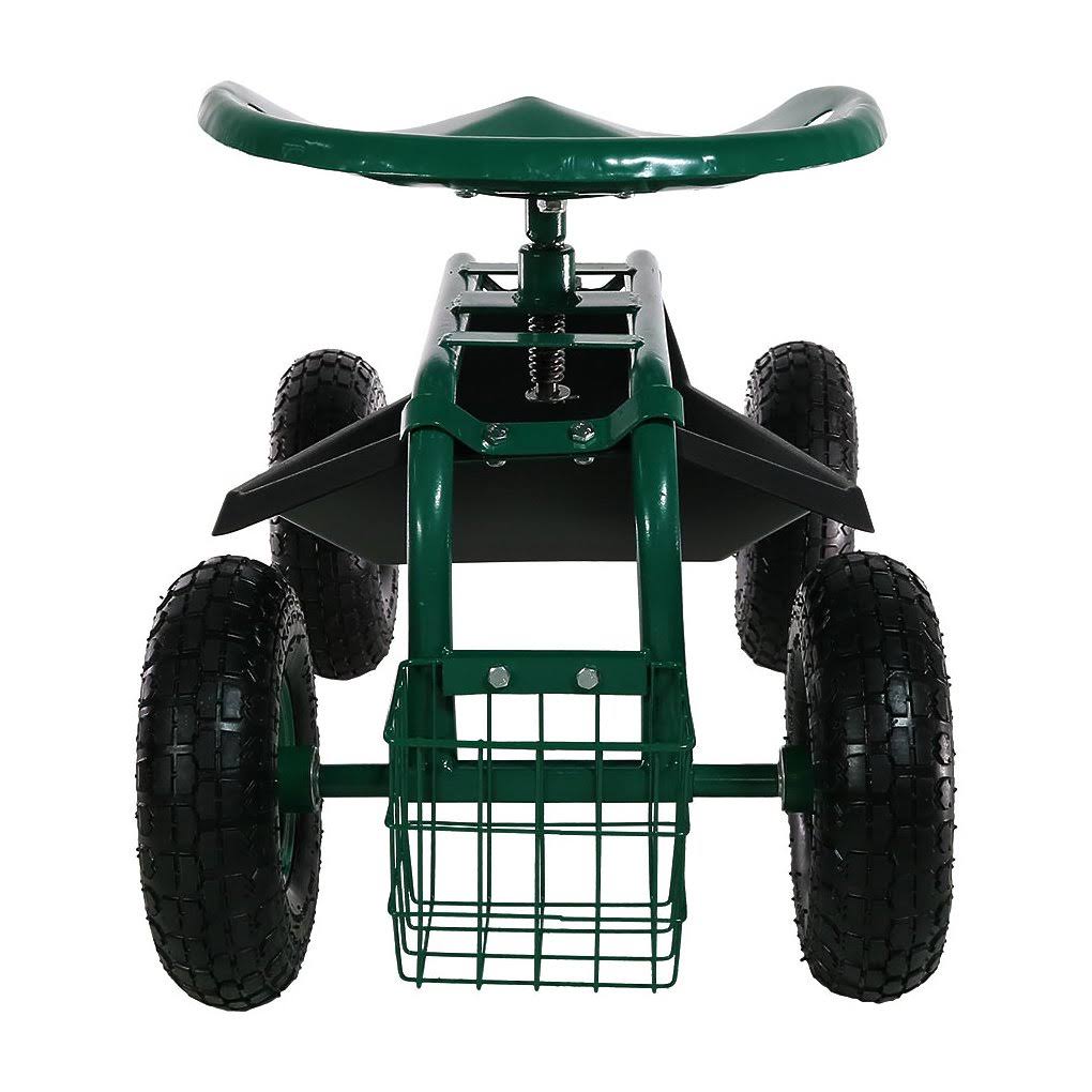 Green Rolling Garden Cart with Steering Handle, Swivel Seat & Basket O4260