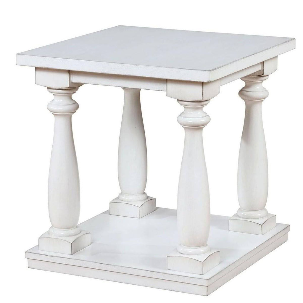 White Wooden End Table with Shelf and Turned Legs P3325