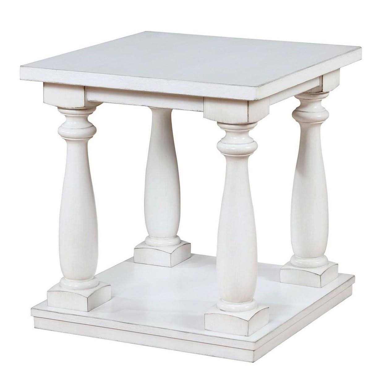 White Wooden End Table with Shelf and Turned Legs P3325