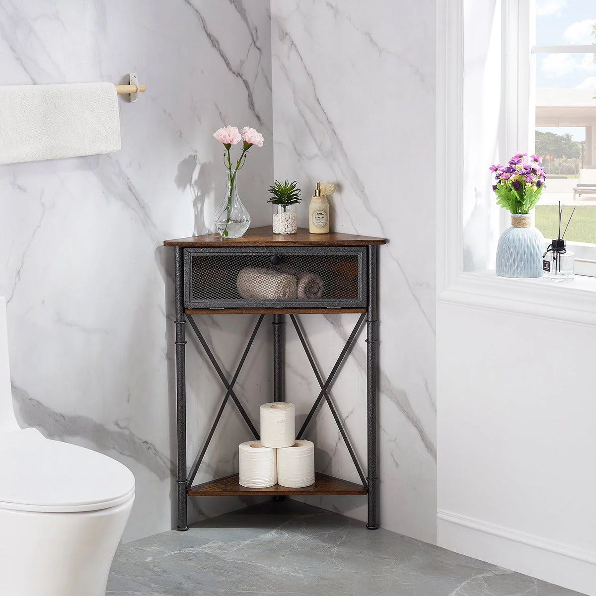 Brown Corner Storage Cabinet with Flip Drawer and Shelf C78332