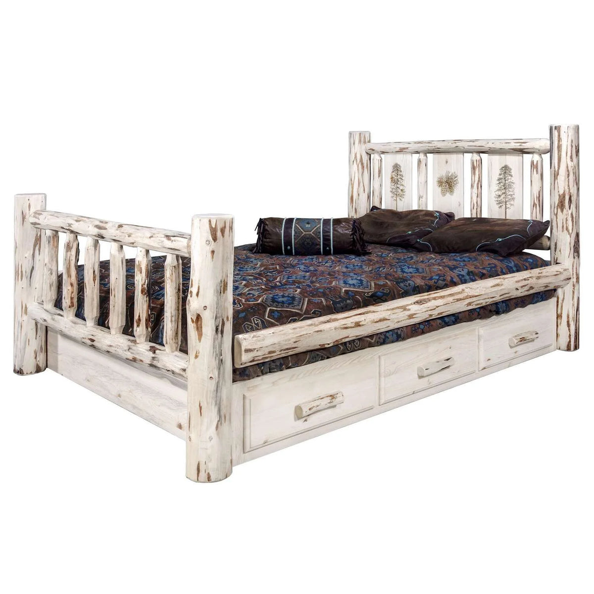 Wood Full Storage Bed with Pine Design in Natural U86886