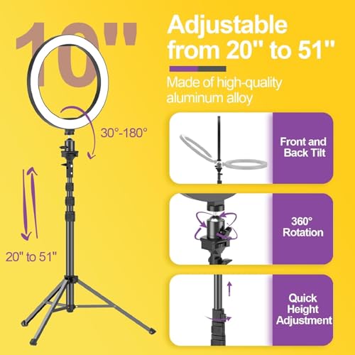 10" Dimmable LED Ring Light with Tripod Stands and Phone Holder S817