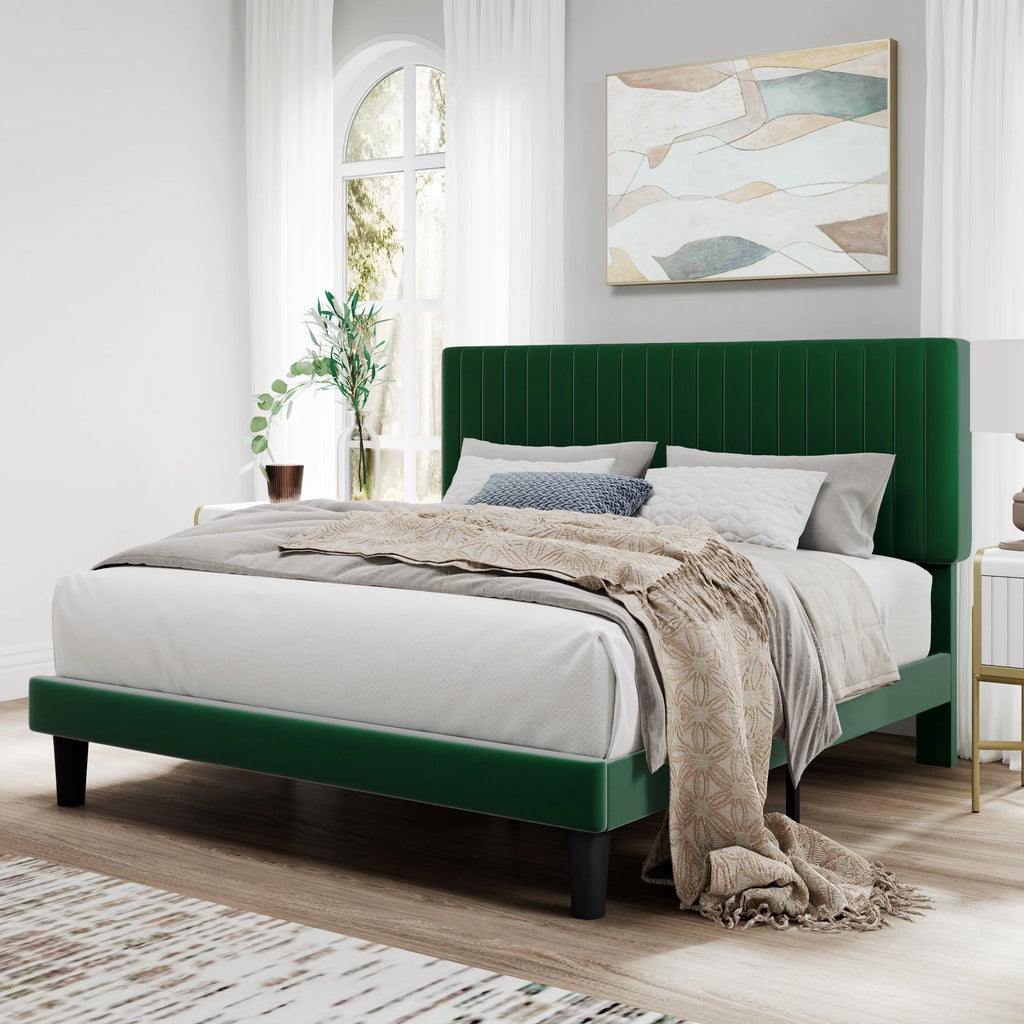 Pink Queen Size Upholstered Platform Bed Frame with Velvet Headboard F6239