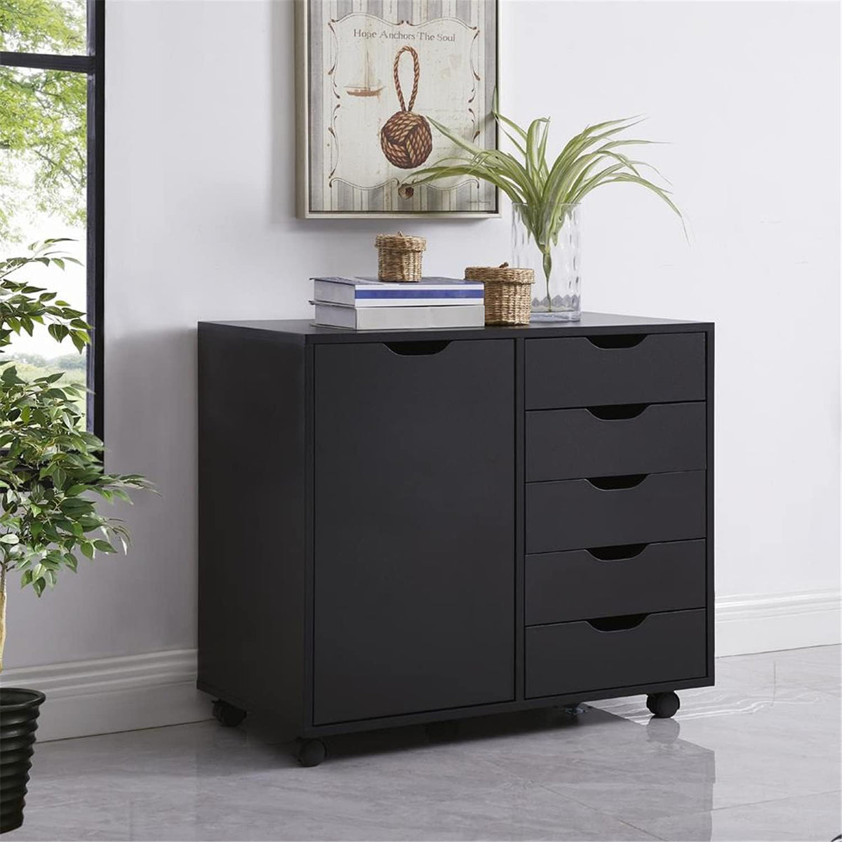 5-Drawer Black Office Storage Cabinet with Shelves R28967