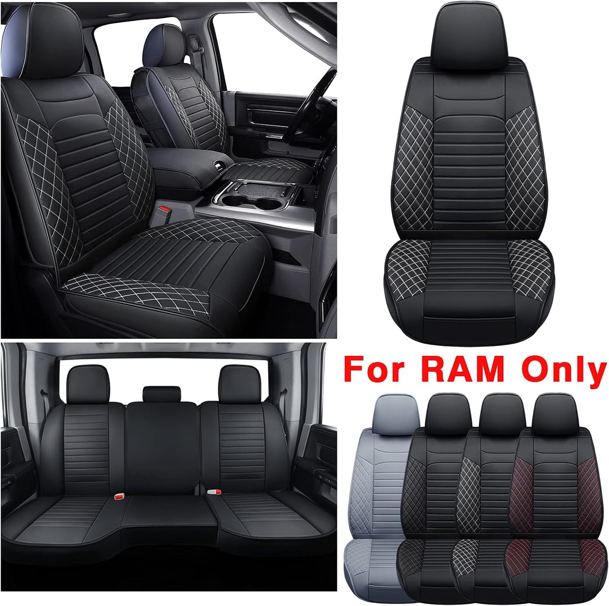 Ram 1500 2500 3500 Seat Covers Full Set, Waterproof Faux Leather, Black&Red S3208
