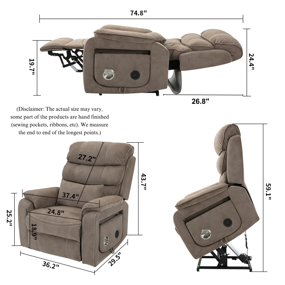 Lay Flat Recliner with Tabletop, Wireless Phone Charger, Cup Holder & Lumbar Pillow, Dual Motor Lift Chair, 400 lbs Capacity G56361