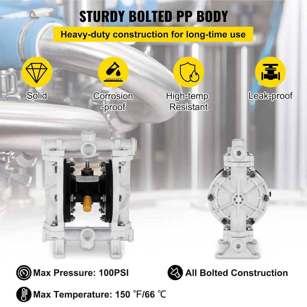 Air-Operated Double Diaphragm Pump 1/2 inch Polypropylene 13 GPM Max 100PSI C96645