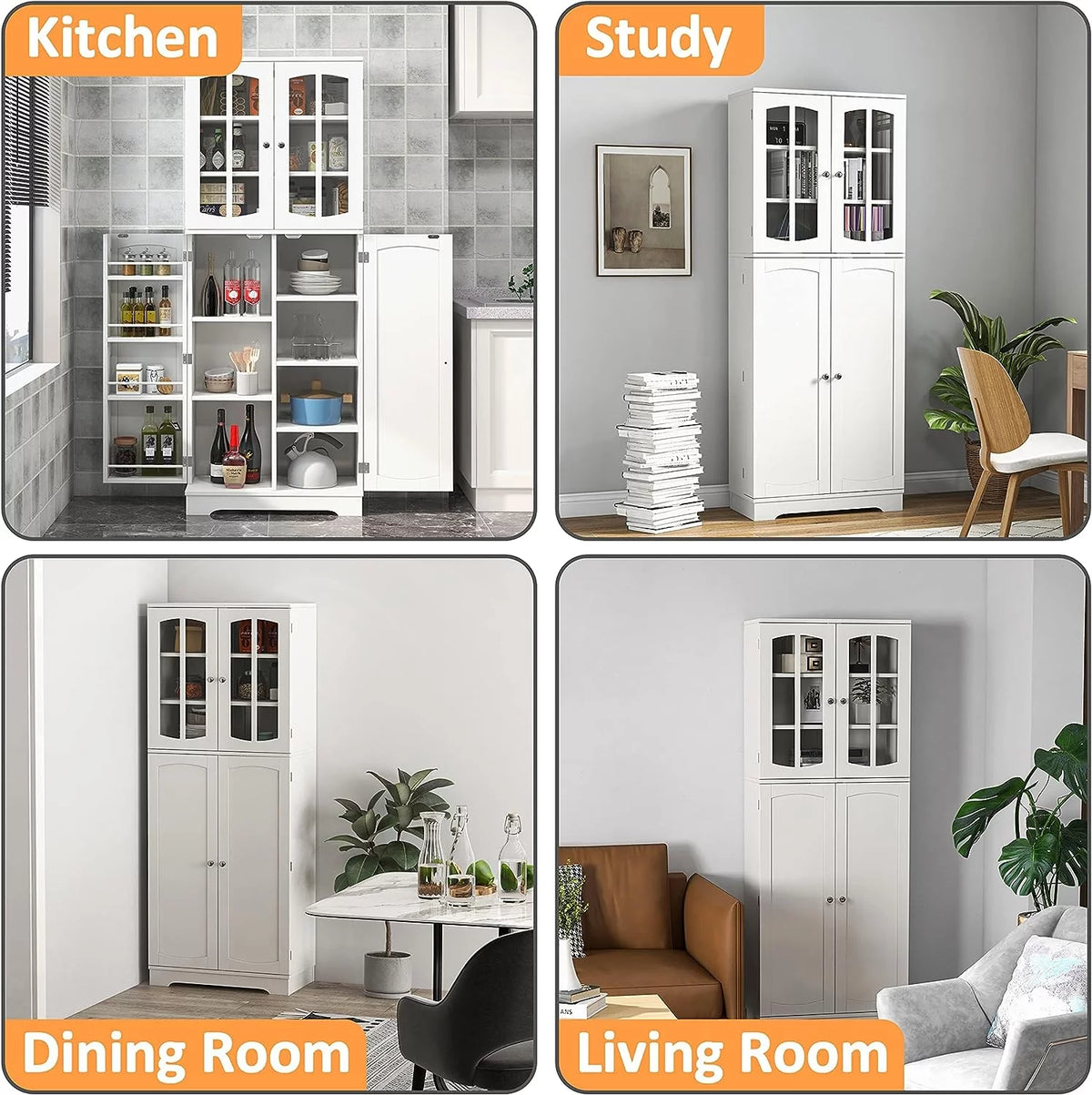 White Wood Kitchen Pantry Storage Cabinet with Doors and Shelves M251