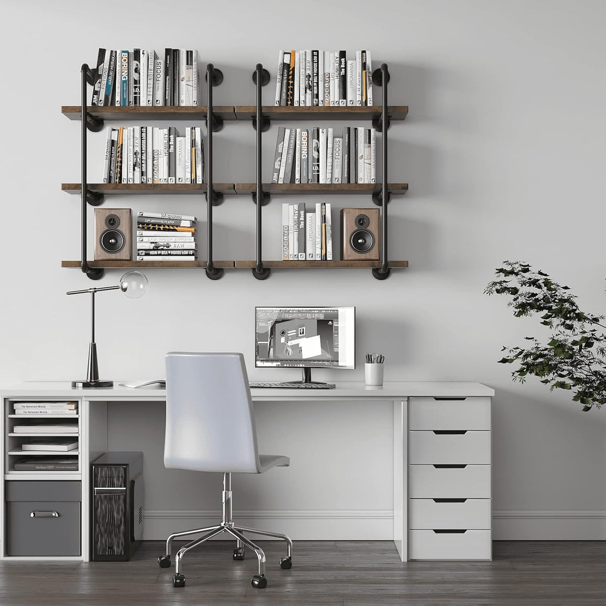 Industrial Wall Mount Iron Pipe Shelf Black 3 Tier X2 Q66763