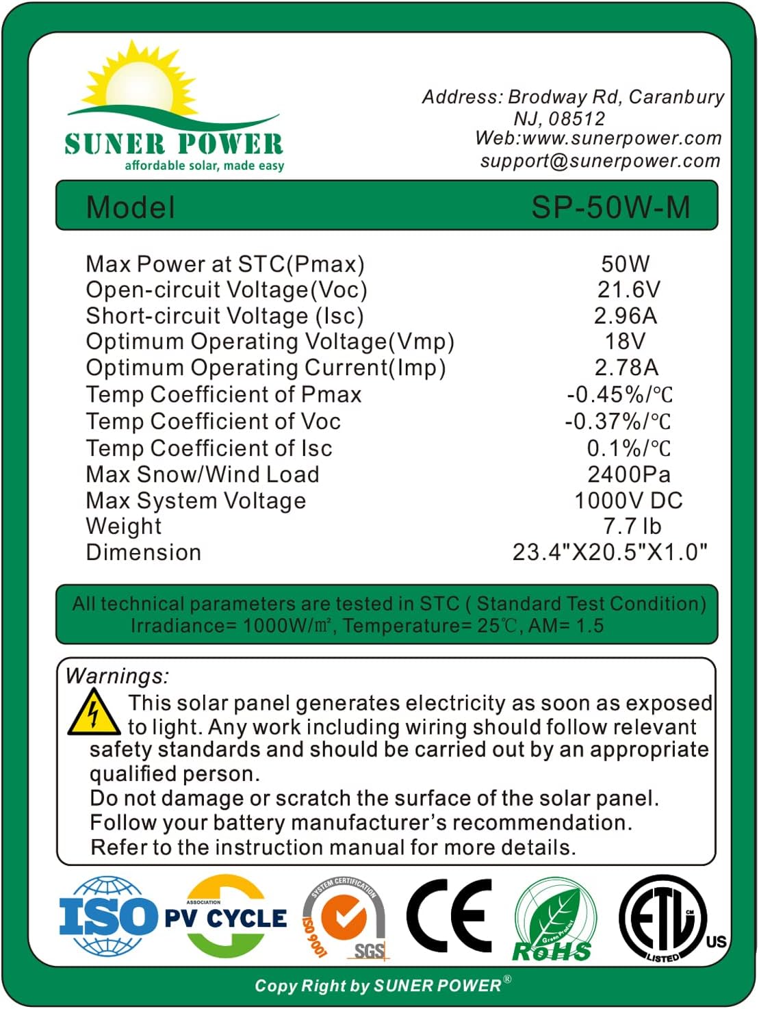 50W Mono Crystalline 12V Solar Panel Kit with 10A Charge Controller and SAE Cable Adapters F667