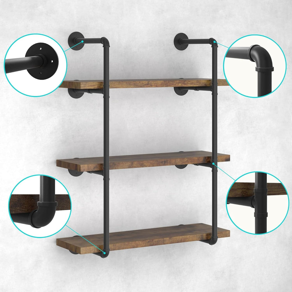 Industrial Wall Mount Iron Pipe Shelf Black 3 Tier X2 Q66763