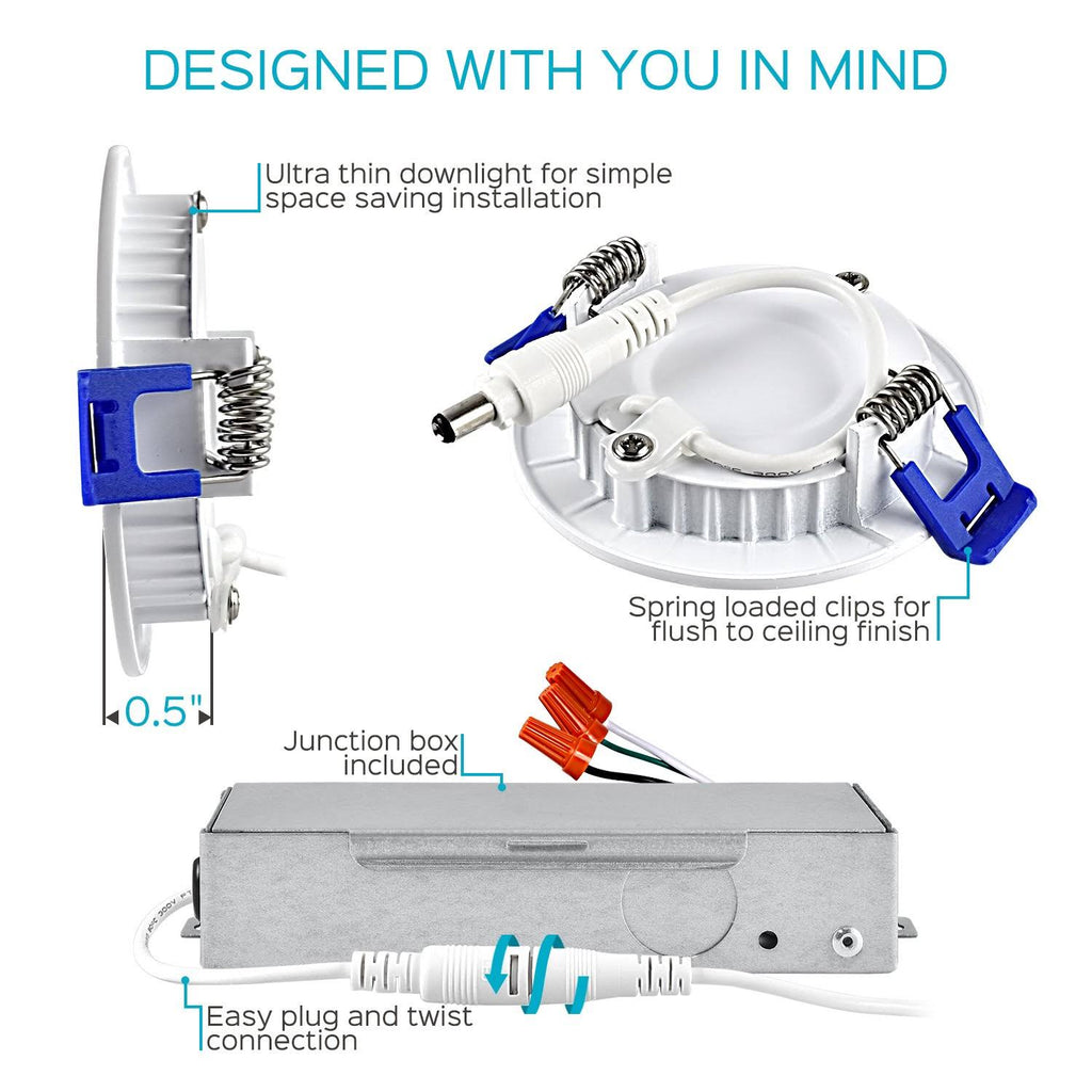 3 inch Ultra Thin LED Recessed Light with Junction Box, 7W, 5000K Dimmable, 450 Lumens A620180