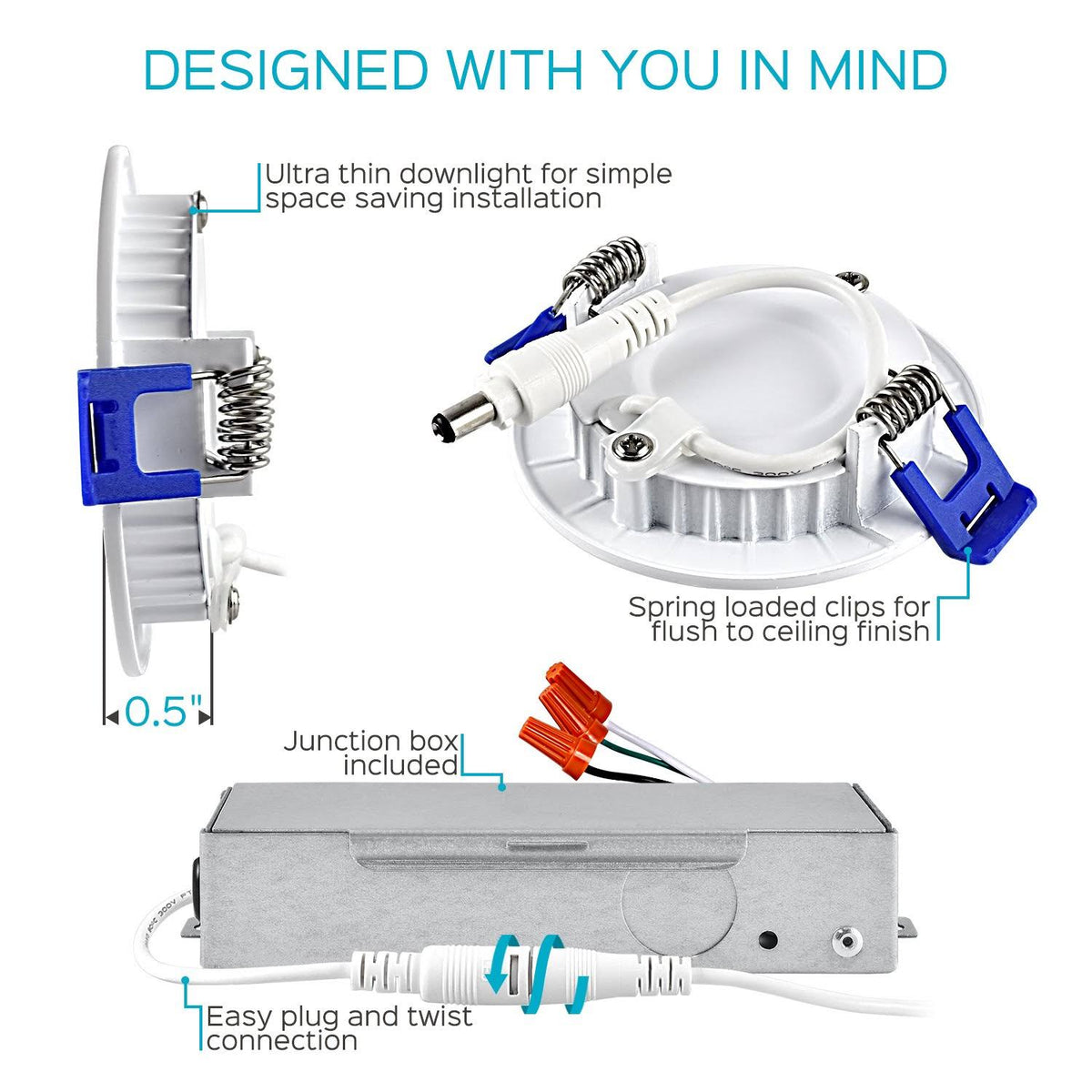 3 inch Ultra Thin LED Recessed Light with Junction Box, 7W, 5000K Dimmable, 450 Lumens A620180