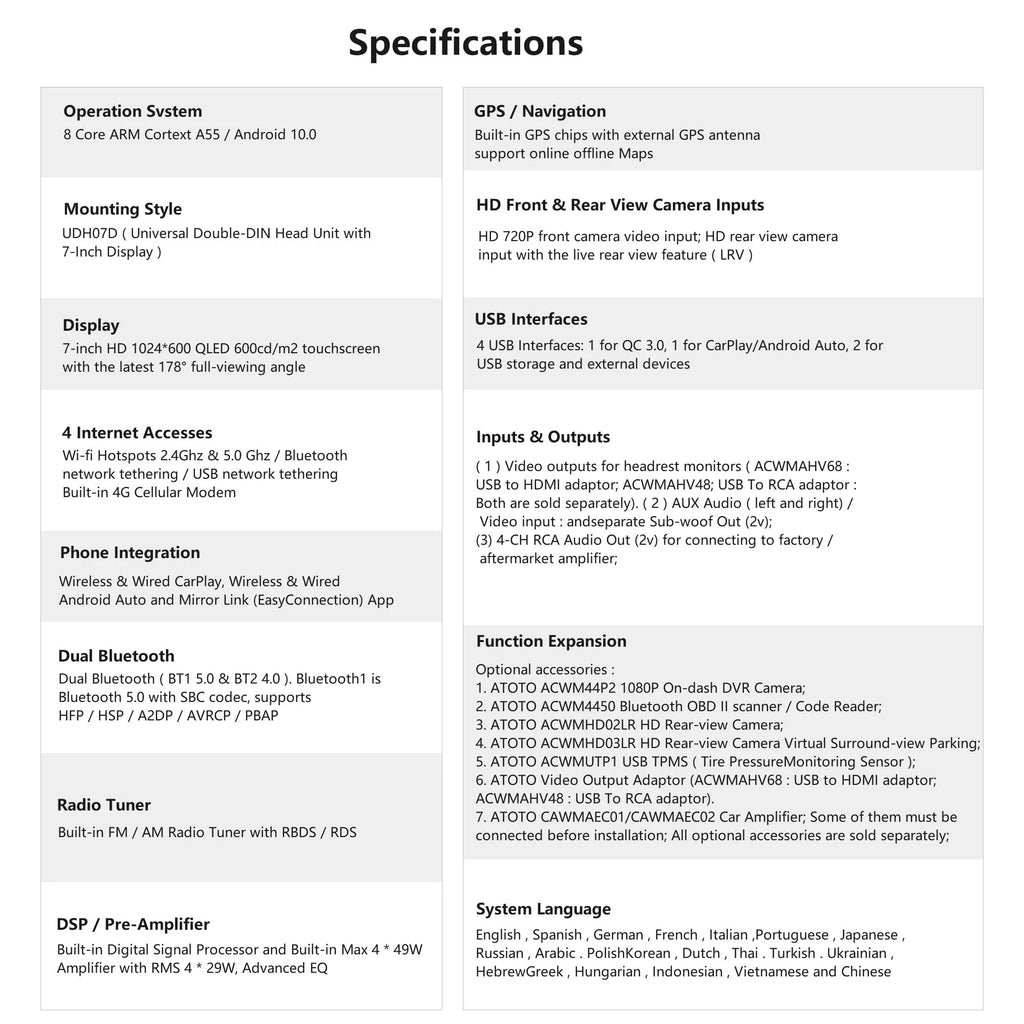 7inch QLED Double Din Car Stereo with Wireless Carplay Android Auto A94021