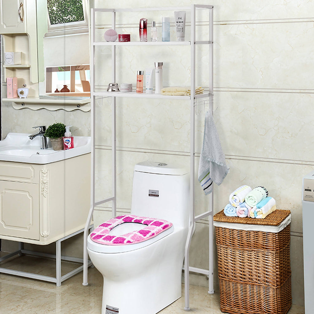 Over-the-Toilet Storage Bathroom Shelf with 2 Tier Rack - Oak Finish - White J979