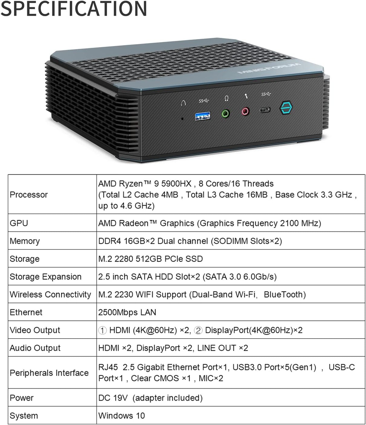 Mini PC AMD Ryzen 9 5900HX 8 Cores 32 GB RAM 512 GB PCIe SSD N8911