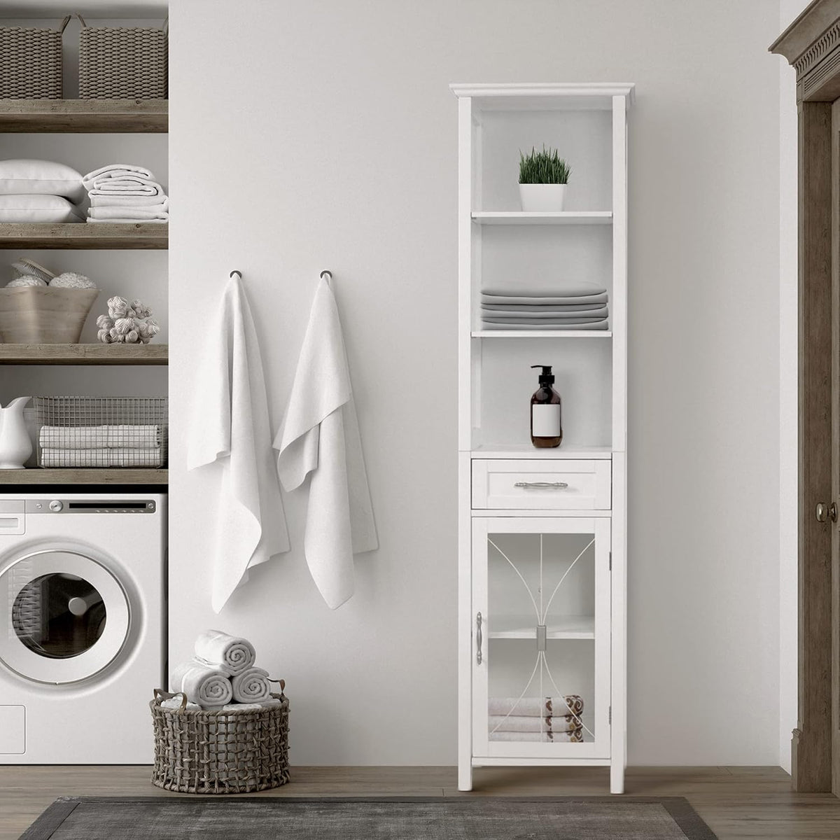 White Linen Cabinet with 1 Drawer and 3 Open Shelves G69468