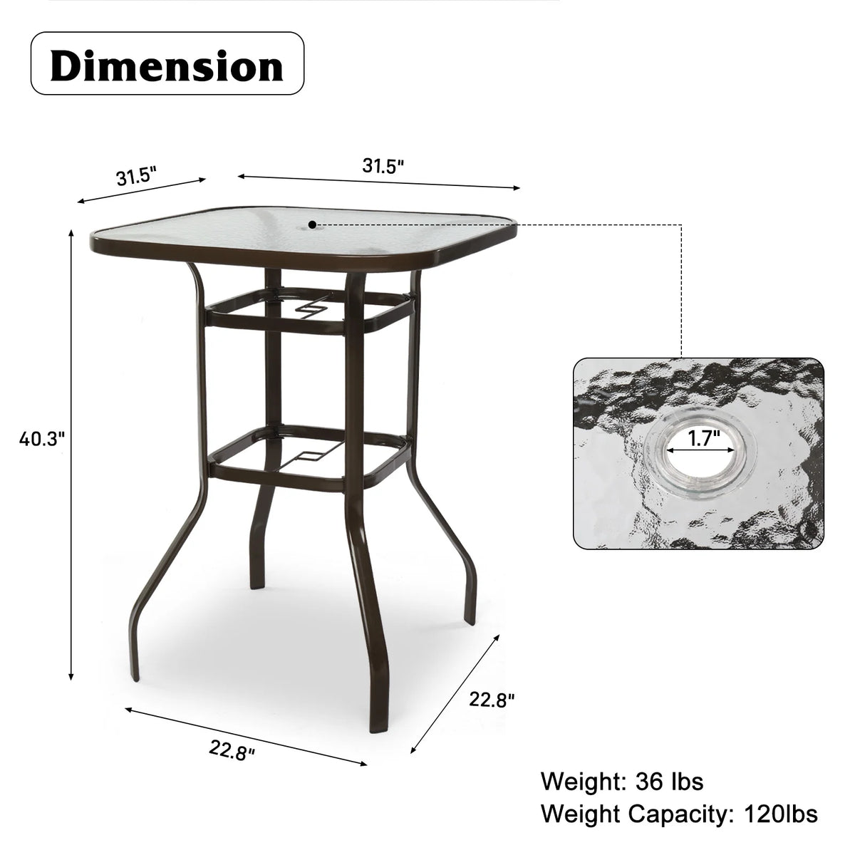 31 Inch Square Outdoor Bar Height Bistro Table with Tempered Glass Tabletop A96883