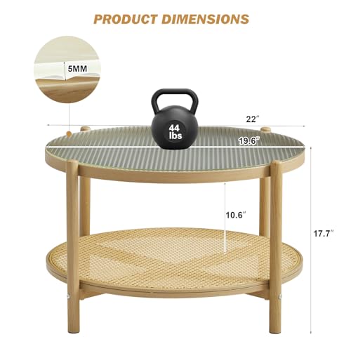 27.5" Boho Rattan Round Glass Coffee Table H766025