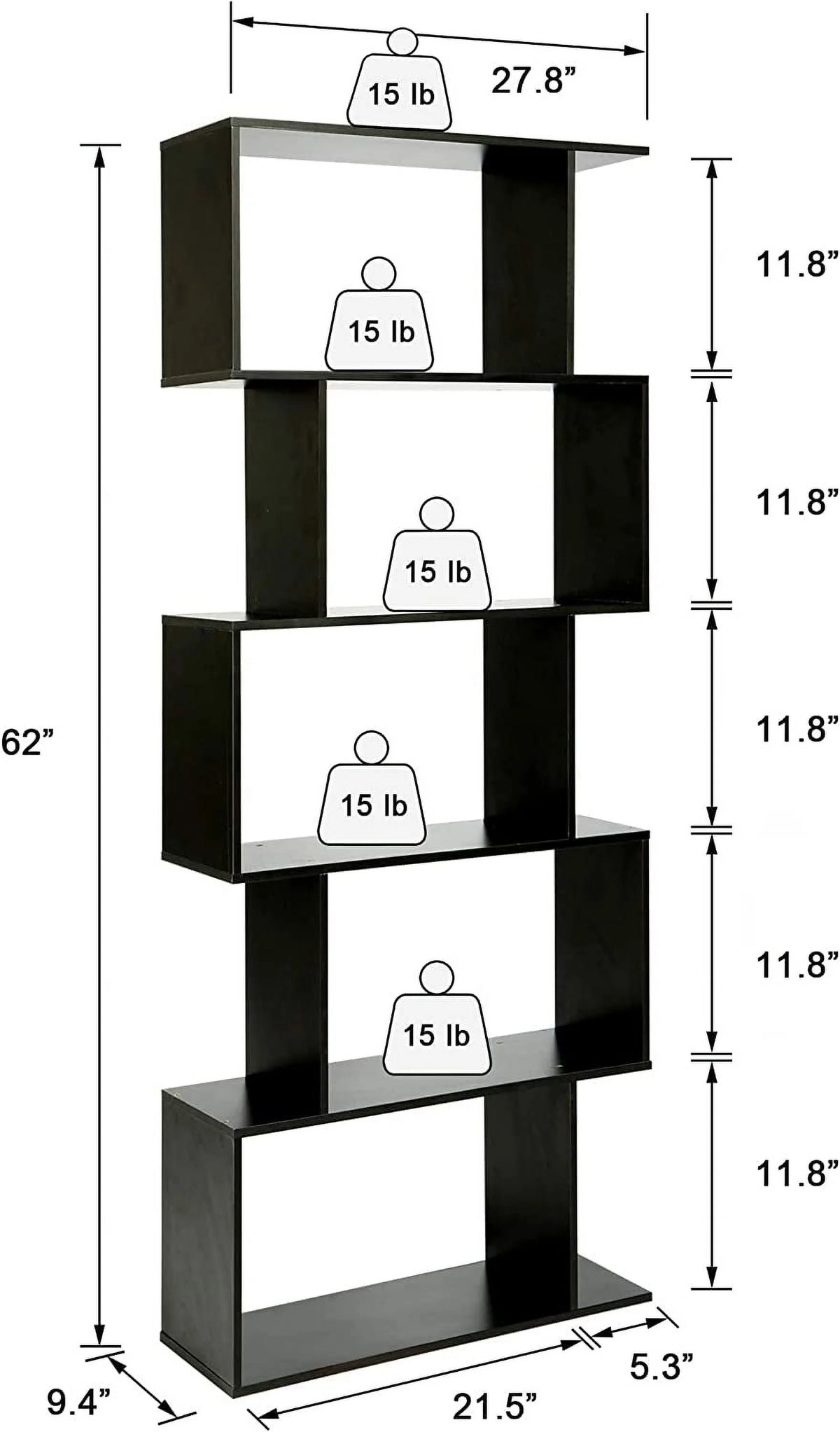 5-Tier Black Bookcase Shelving Unit W265