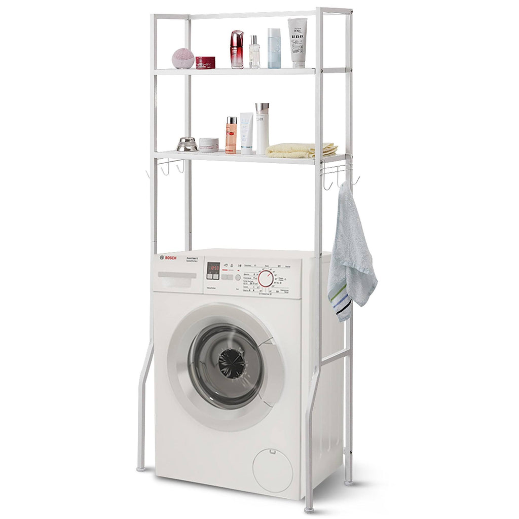 Over-the-Toilet Storage Bathroom Shelf with 2 Tier Rack - Oak Finish - White J979