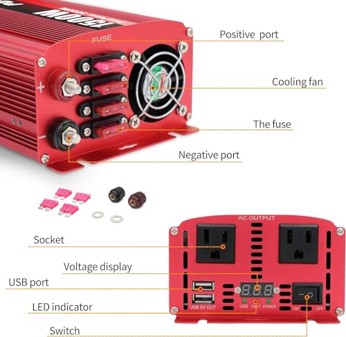 1500W DC 12V to 110V AC Power Inverter with Dual AC Outlets and Dual USB W4956