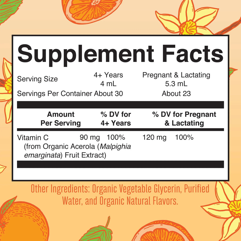 USDA Organic Vitamin C Liquid Drops Orange Vanilla Flavor Vegan Non-GMO 4 fl oz V771972