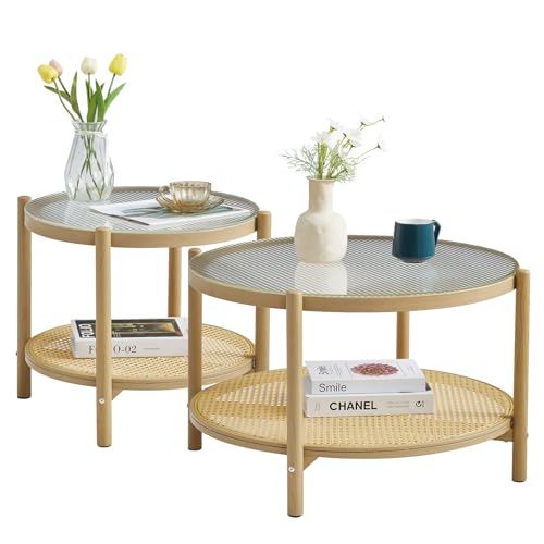 27.5" Boho Rattan Round Glass Coffee Table H766025