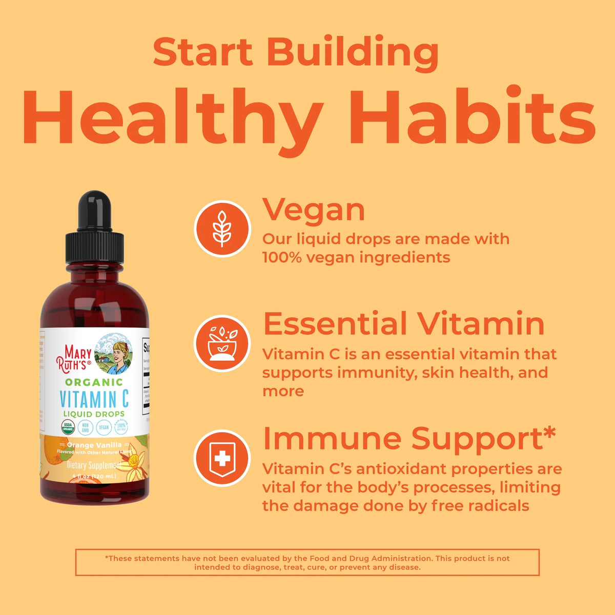 USDA Organic Vitamin C Liquid Drops Orange Vanilla Flavor Vegan Non-GMO 4 fl oz V771972