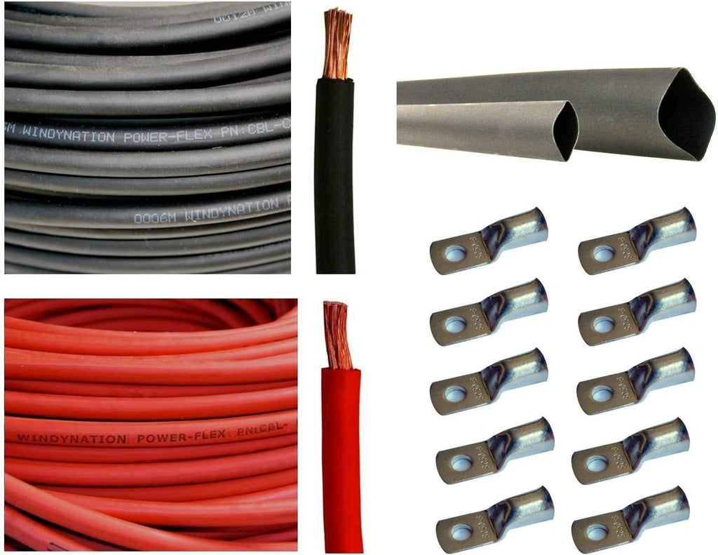 4/0 AWG 10 Feet Black + 10 Feet Red Pure Copper Ultra Flexible Cable + 5pcs 5/16 & 5pcs 3/8 Copper Cable Lug Terminal Connectors + 3 Feet Heat Shrink Tubing F742773